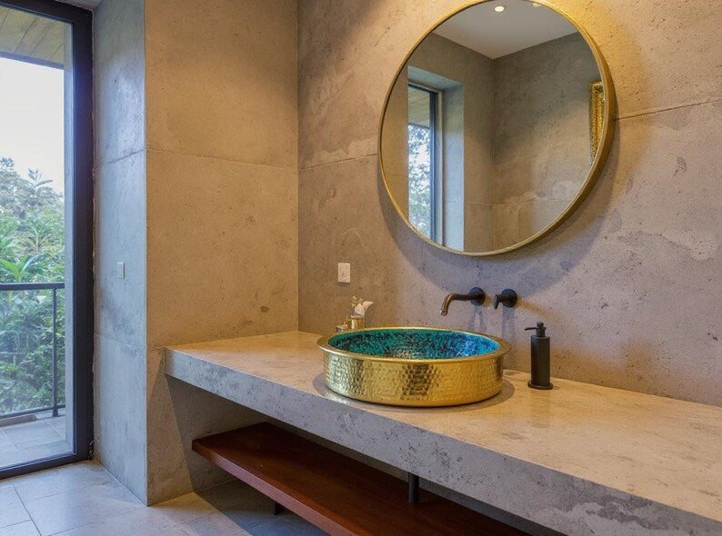 Turquoise Hammered Brass Vessel Sink with Gold Exterior