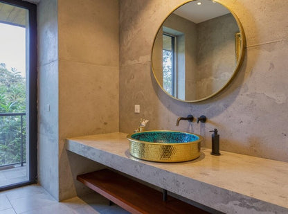Turquoise Hammered Brass Vessel Sink with Gold Exterior