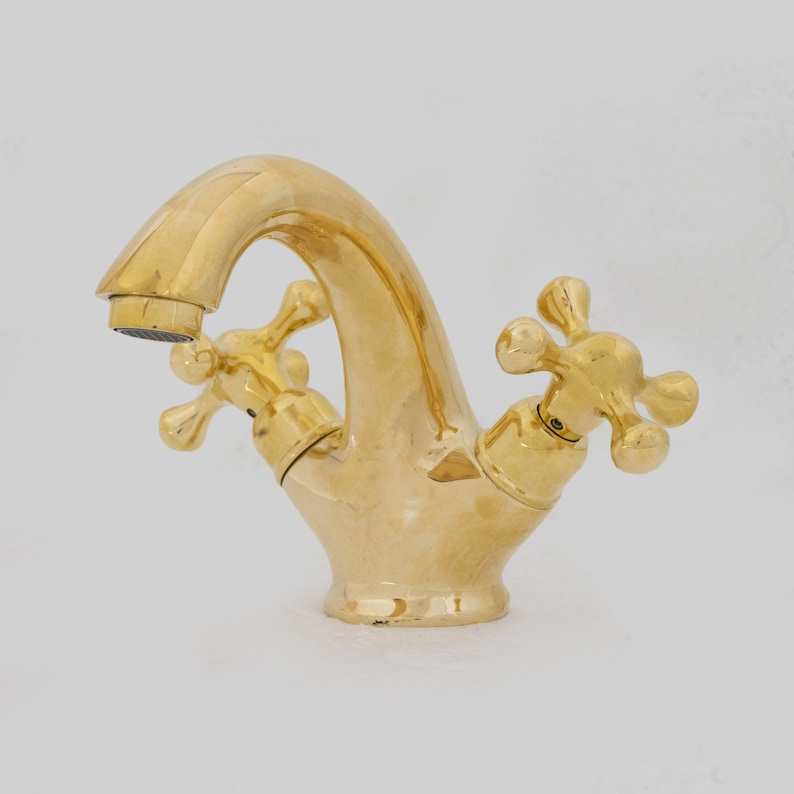 Polished Solid Brass Bathroom Faucet with Cross Handles