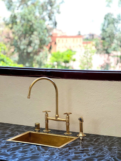 Unlacquered Brass Bridge Kitchen Faucet with Side Sprayer