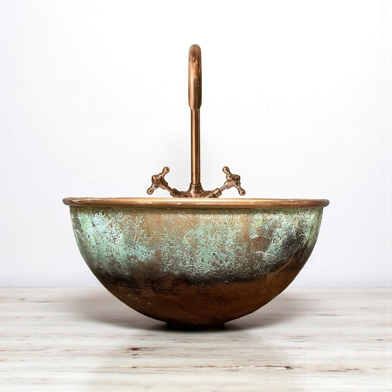 Handcrafted Oxidized Copper Vessel Sink with Patina Finish