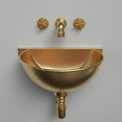 Hand-Hammered Gold Brass Wall-Mount Sink with Matching Cross-Handle Tap