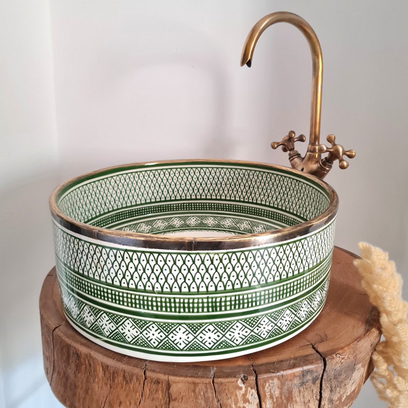 Hand-Painted Moroccan Ceramic Vessel Sink with Brass Rim