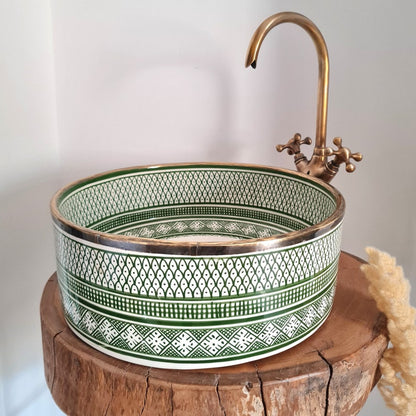 Hand-Painted Moroccan Ceramic Vessel Sink with Brass Rim