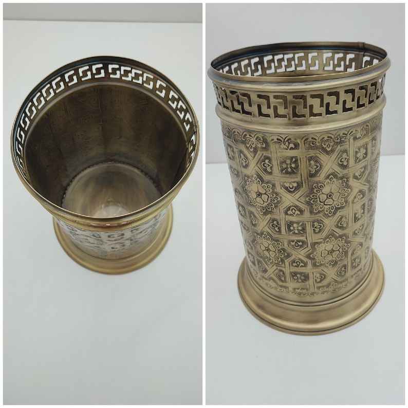 Handmade Solid Brass Wastebasket – Engraved Moroccan Bathroom Trash Can