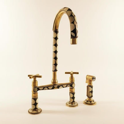 Mother of Pearl Inlay Brass Bridge Kitchen Faucet with Side Sprayer