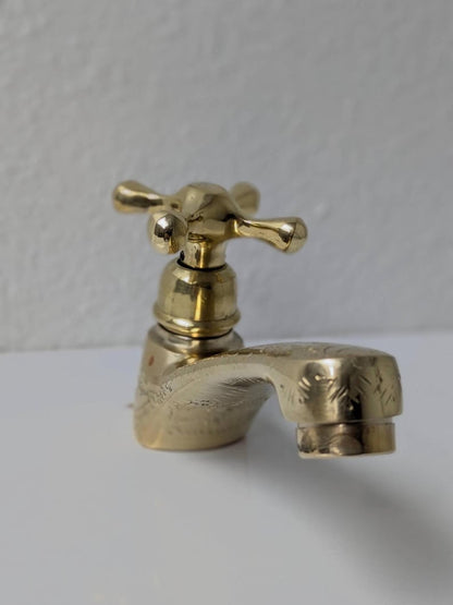 Vintage Engraved Brass Bibcock Faucet with Cross Handle