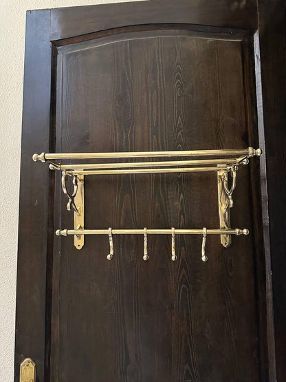 Handmade Solid Brass Wall Shelf with Hooks – Vintage Moroccan Bathroom & Entryway Rack