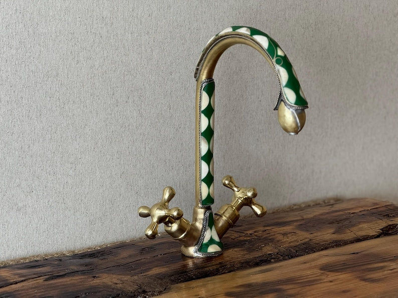 Green Inlay Brass Gooseneck Faucet with Cross Handles