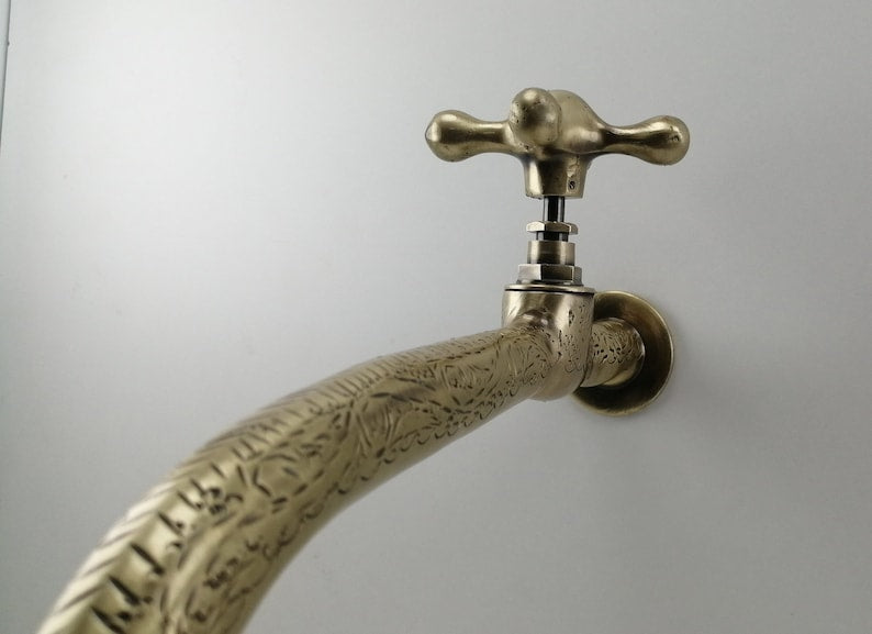 Engraved Antique Brass Wall Faucet