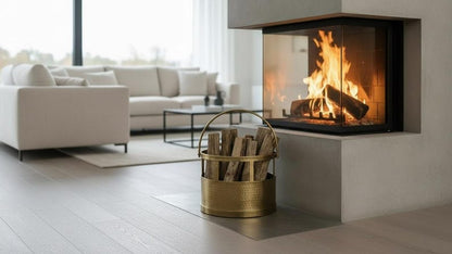 Handmade Solid Brass Firewood Log Holder – Hammered Brass Fireplace Wood Basket