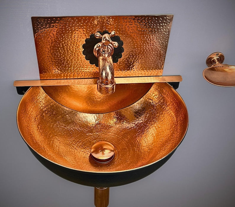 Hand-Hammered Moroccan Copper Wall-Mount Sink with Matching Backsplash and Tap