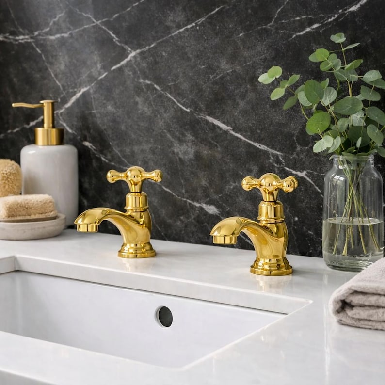 Polished Brass Cross-Handle Bathroom Faucet