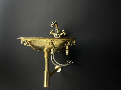 Luxury White Ceramic Vessel Sink with Floating Unlacquered Brass Console