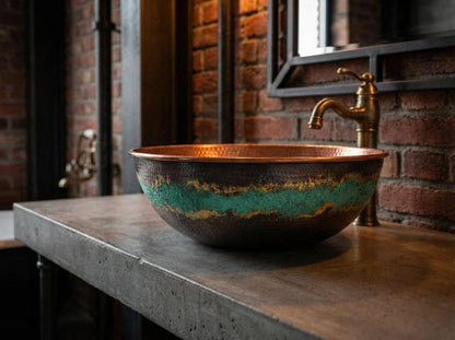Hammered Copper Vessel Sink with Green Patina Accent