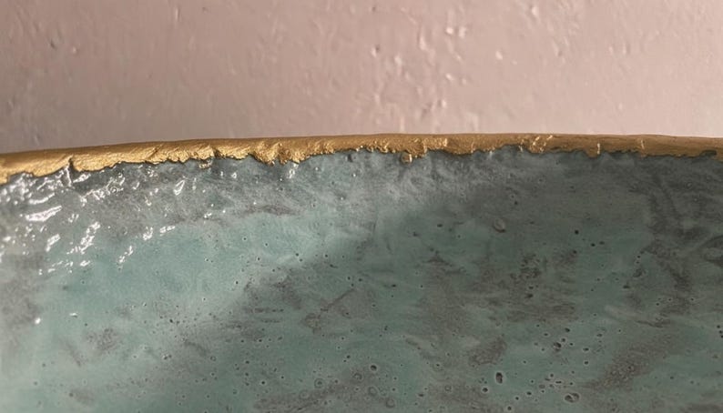 Light Green Textured Ceramic Vessel Sink with Gold Rim