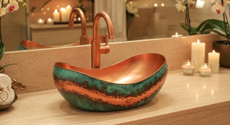 Modern Wave Two-Tone Patina Copper Vessel Sink