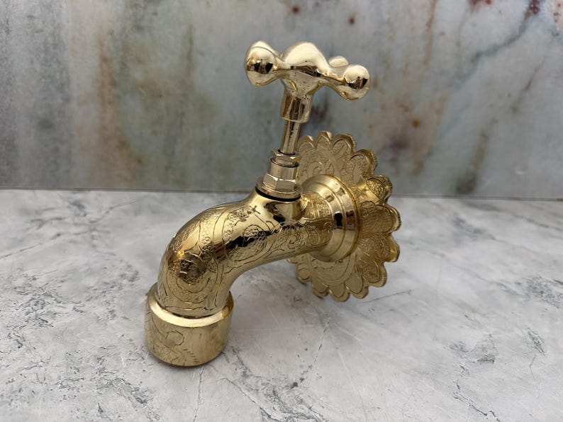 Hand-Engraved Polished Brass Wall Mount Faucet