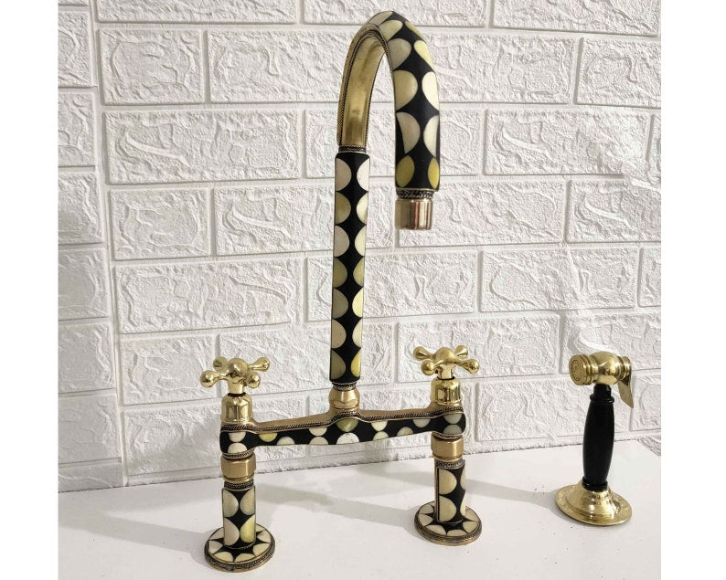 Mother of Pearl Inlay Brass Bridge Kitchen Faucet