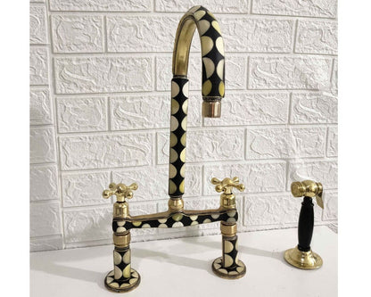 Mother of Pearl Inlay Brass Bridge Kitchen Faucet