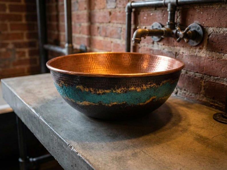 Hammered Copper Vessel Sink with Green Patina Accent