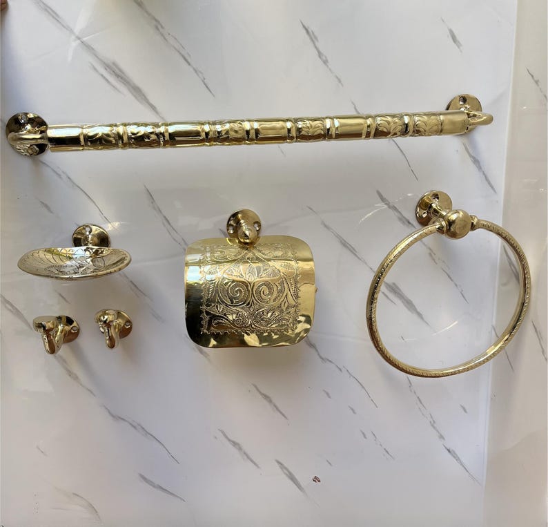 Handmade Solid Brass Bathroom Accessories Set – Engraved Moroccan Towel Bar, Ring & Soap Dish