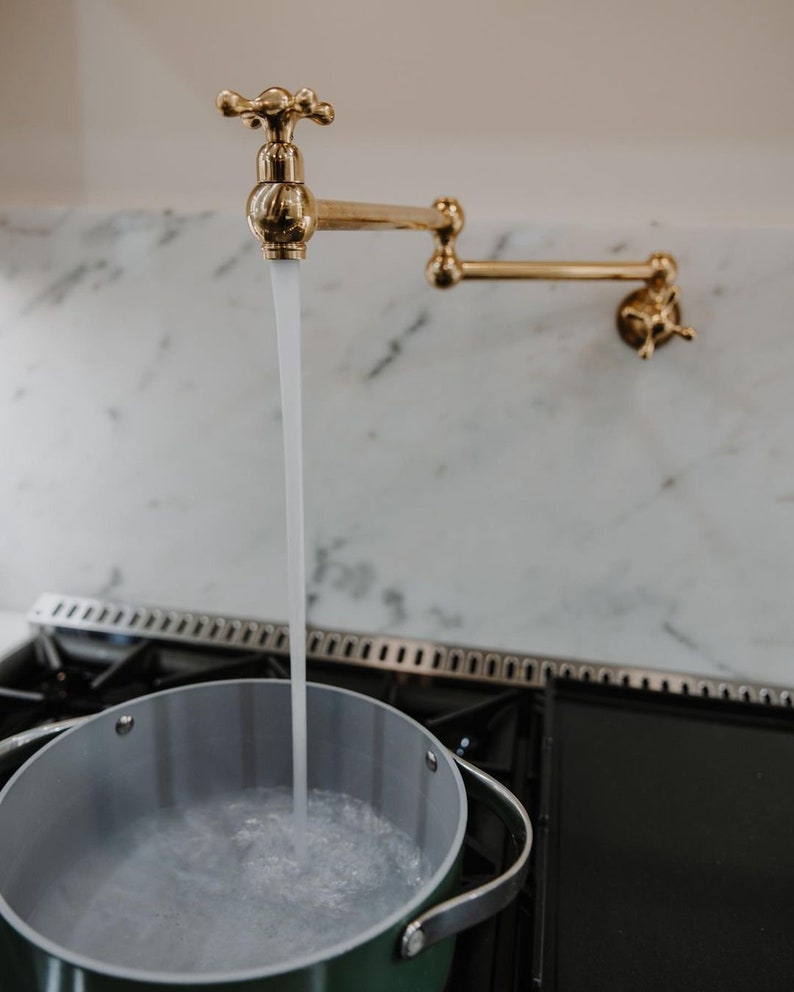 Rustic Wooden Range Hood with Brass Pot Filler