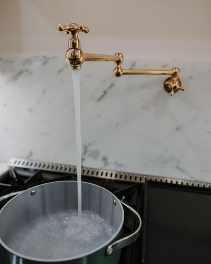 Rustic Wooden Range Hood with Brass Pot Filler