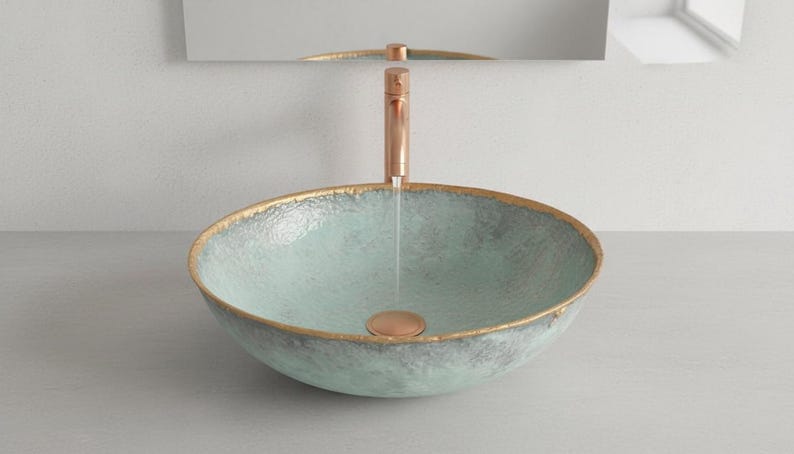 Light Green Textured Ceramic Vessel Sink with Gold Rim
