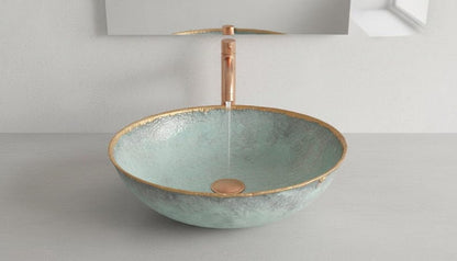 Light Green Textured Ceramic Vessel Sink with Gold Rim