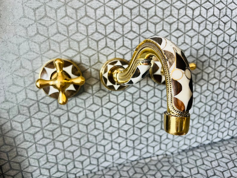 Moroccan Inlay Vessel Sink with Matching Mosaic Wall Mount Faucet