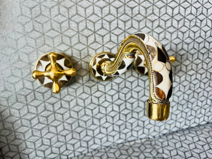 Moroccan Inlay Vessel Sink with Matching Mosaic Wall Mount Faucet