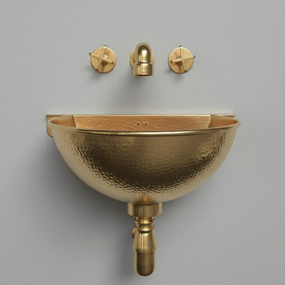 Hand-Hammered Gold Brass Wall-Mount Sink with Matching Cross-Handle Tap