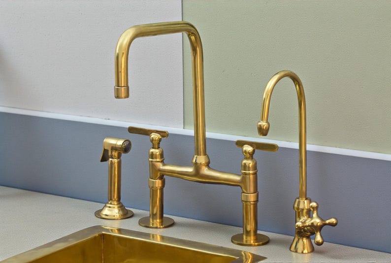 Unlacquered Brass Bridge Kitchen Faucet with Dual Sprayers