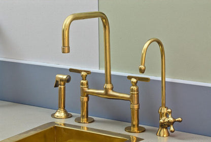 Unlacquered Brass Bridge Kitchen Faucet with Dual Sprayers