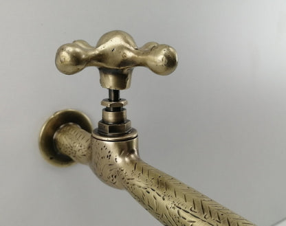 Engraved Antique Brass Wall Faucet