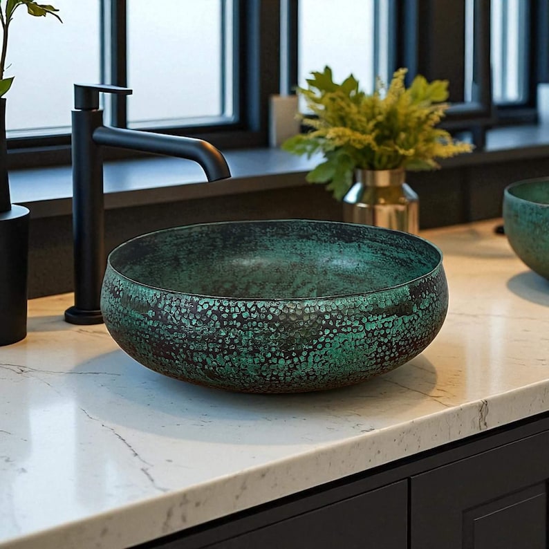 Hammered Green Patina Copper Vessel Sink