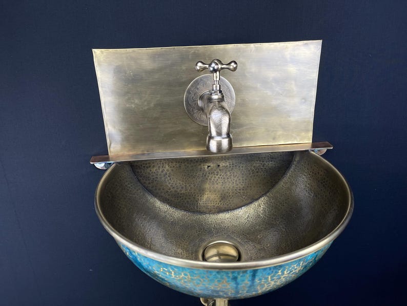 Blue Patina Copper Vessel Sink with Brass Backsplash