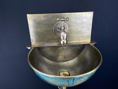Blue Patina Copper Vessel Sink with Brass Backsplash