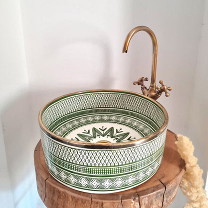 Hand-Painted Moroccan Ceramic Vessel Sink with Brass Rim