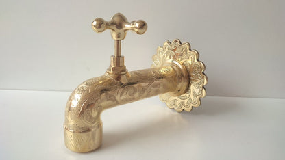 Hand-Engraved Polished Brass Wall Mount Faucet