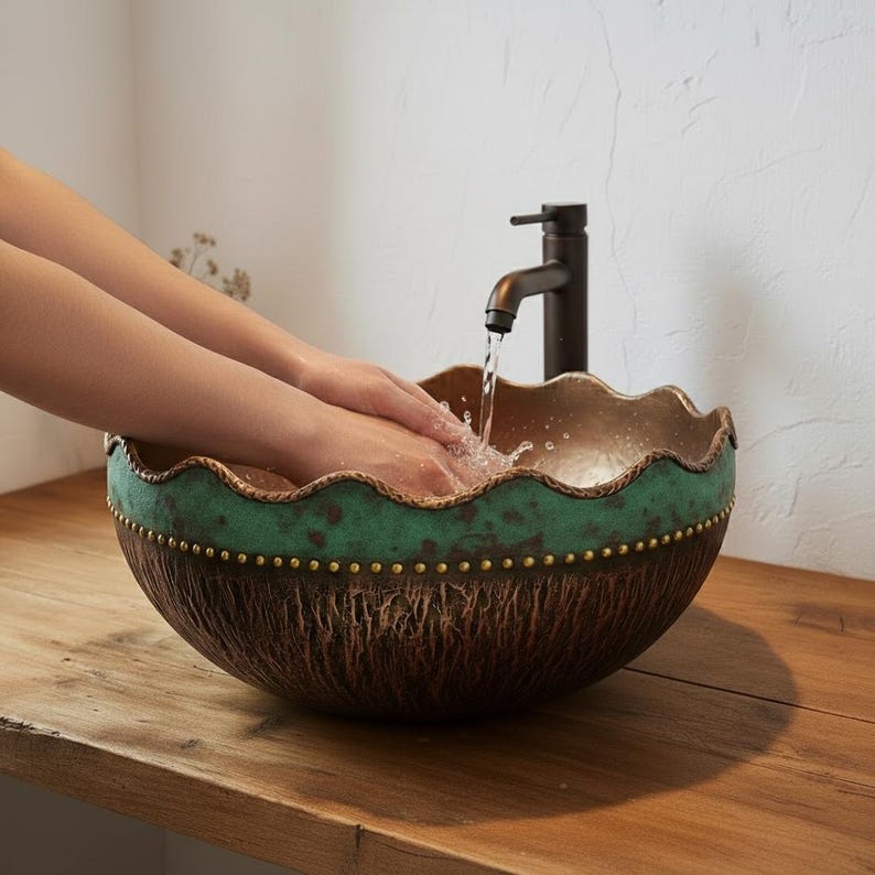 Scalloped Edge Two-Tone Patina Copper Vessel Sink