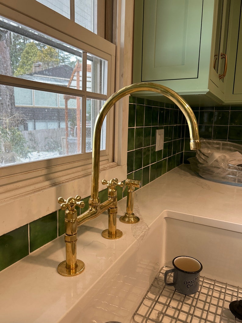 Unlacquered Brass Bridge Kitchen Faucet with Side Sprayer