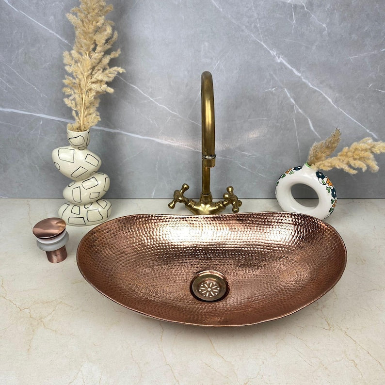 Hand-Hammered Oval Copper Sink with Vintage Brass Faucet