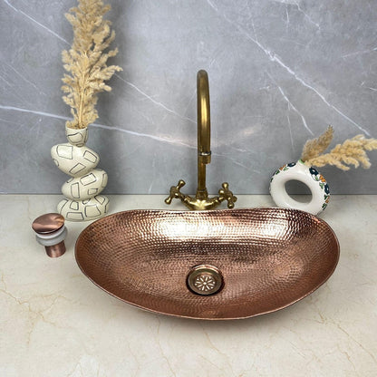Hand-Hammered Oval Copper Sink with Vintage Brass Faucet