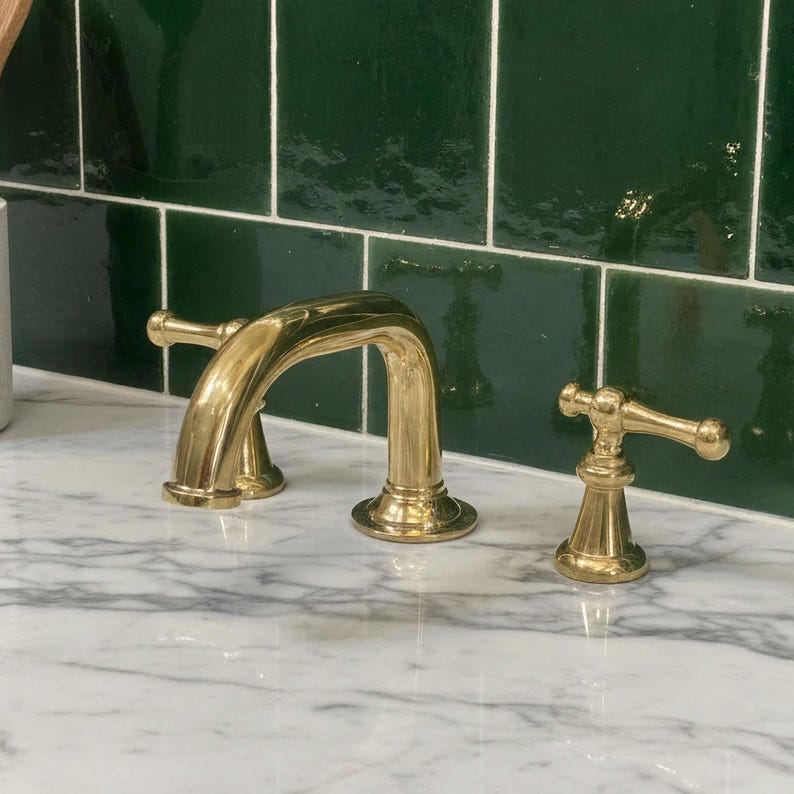 Widespread Unlacquered Brass Bathroom Faucet with Classic Lever Handles