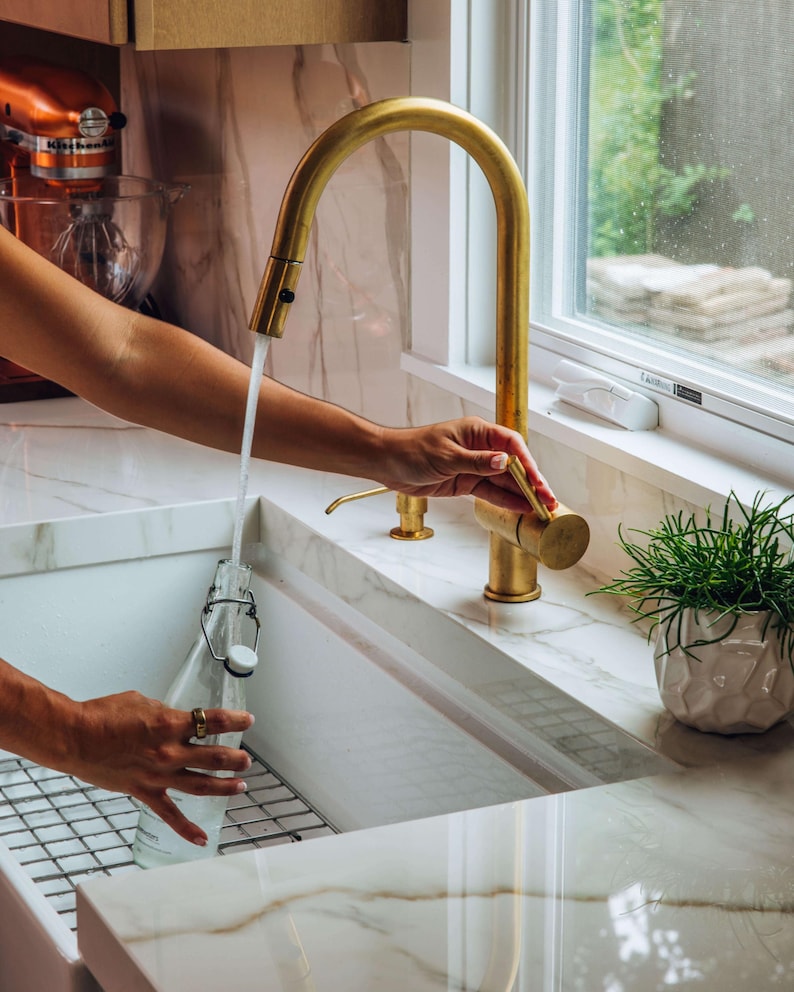 Down Kitchen Faucet with Side Spray & Soap Dispenser