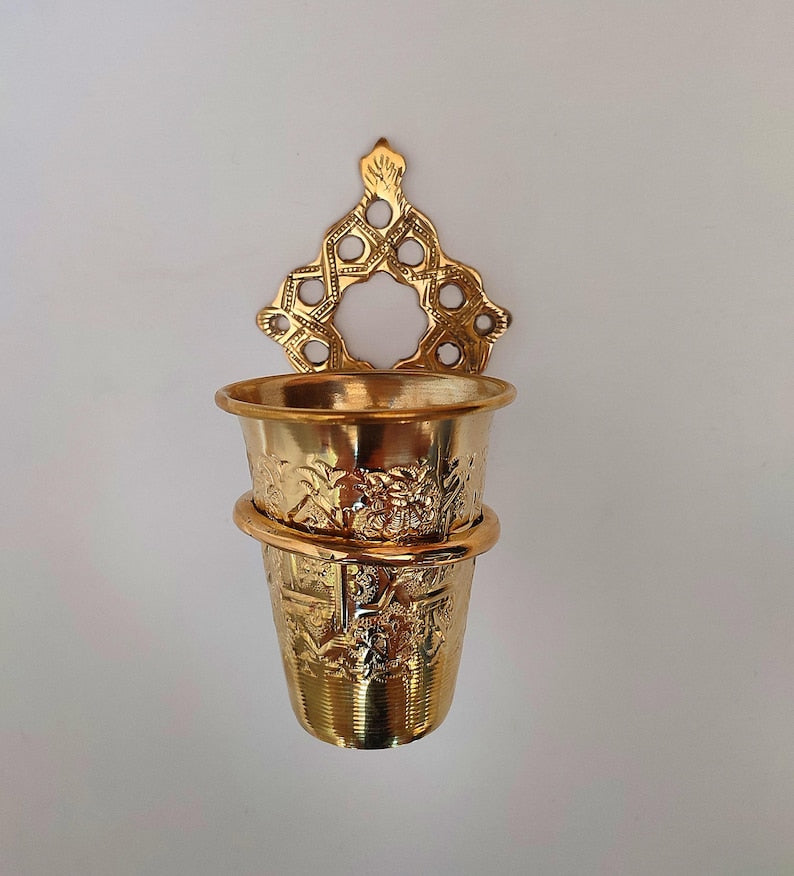 Handmade Solid Brass Toothbrush Holder – Engraved Moroccan Wall-Mounted Cup