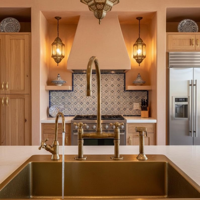Moroccan-Style Unlacquered Brass Bridge Kitchen Faucet