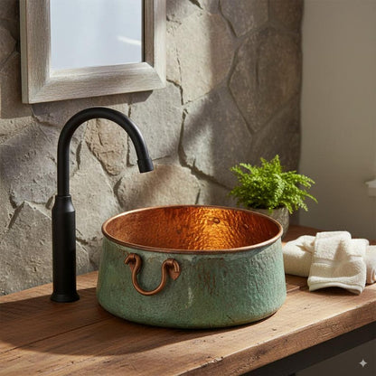 Green Patina Copper Vessel Sink with Decorative Handles